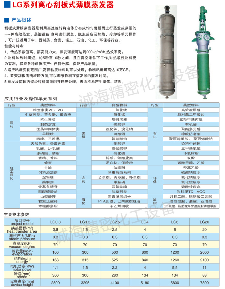 離心式刮板薄膜蒸發(fā)器型號參數(shù)